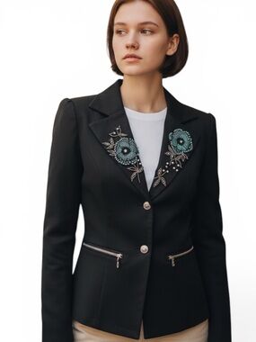Black Blazer with Blue Teal Floral Beaded Embellishments. NWT. Sz. M